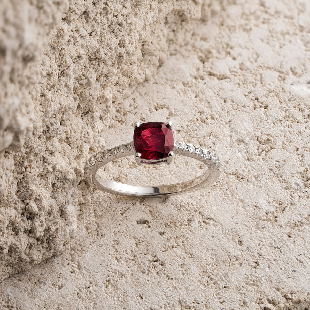 Astra 2.00ct Lab Ruby and Diamond Shoulder Set Cushion Cut Ring in Silver